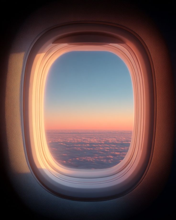 Udsigt gennem et flyvindue ved solnedgang over skyerne